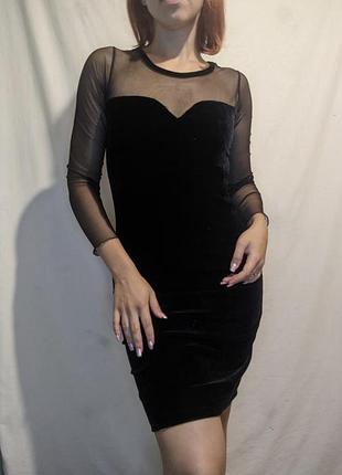 Платье черная бархатная с шифоном в ретро стиле м10