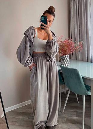 Женский спортивный прогулочный костюм супер oversize кофта с двойным капюшоном на молнии и штаны внизу на затяжках