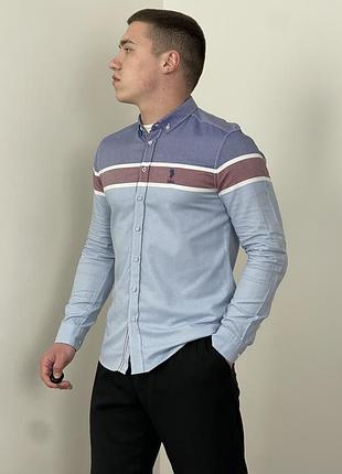 Блакитна сорочка u.s. polo assn. зі смужкою, полоскою, вершник, лого, логотип, синя, голуба, класична