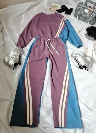 Эффектно комбинированный костюм комбинезон трикотаж и джинс длинные брюки палаццо