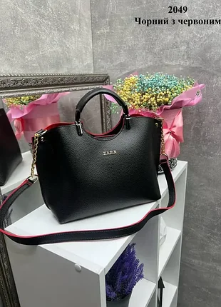 2049 черный с красным внутри – стильная сумка на три отделения – фурнитура золото - топ продаж