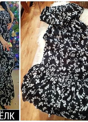 Шёлк платье длинное ярусное в цветы бабочки рюша оборка волан сарафан шелковый макси