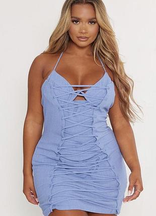 Синее мини платье с бюстом лиф косточки бра, на шнуровке, завязывается