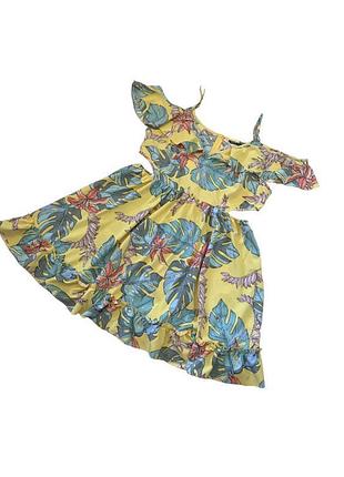 Платье мини летнее желтое с вырезами с принтом листьев