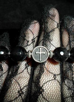Люксовый мужской браслет черный граненый агат, гематит, натуральный камень, крест, ручная работа