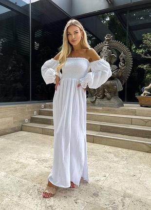 Сукня плаття літнє довге на резинці з пишними рукавами та розрізами муслін білий
