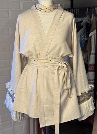 Льняное бежевое кимоно simmishop.handmade one size s - l