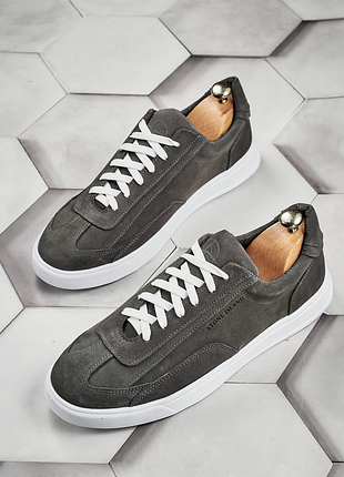 Мужские кроссовки замшевые натуральные серого цвета на белой подошве, кеды 71