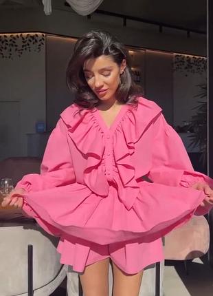 Жіночий костюм літній з рюшами жатого льону лляний блуза блузка і + спідниця з шортами шортиками чорний рожевий