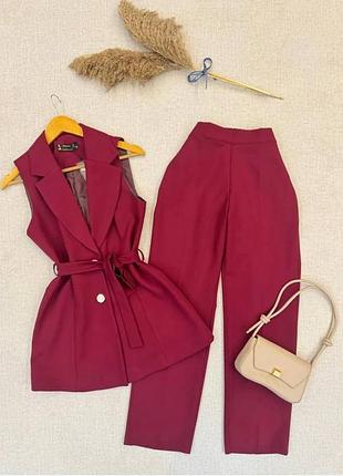 Женский костюм летний жилетка жилетка на подкладке без рукавов безрукавка + и брюки классический деловой бежевый красный