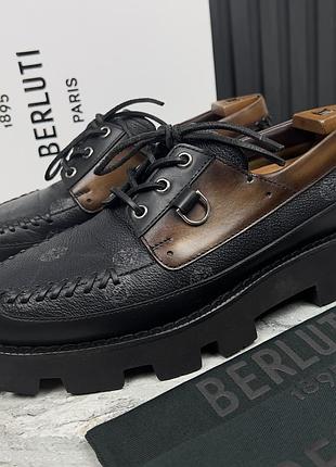 Berluti signature canvas chunky twist boat derby black чоловічі туфлі лофери оригінал 41 eur
