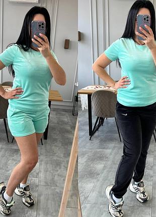 Велюровый костюм тройка с вышивкой с футболкой с брюками с шортами