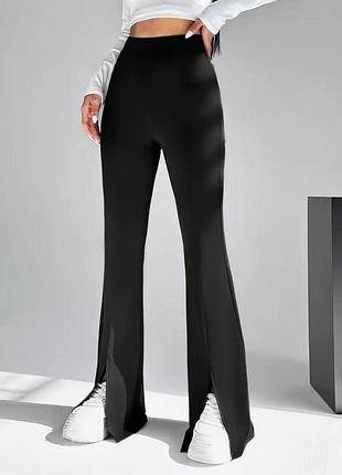 Брюки, штаны высокая посадка черные, клеш с разрезами