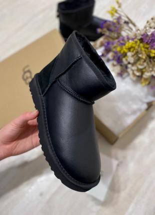 Женские чёрные угги ugg classic mini black leather8 фото