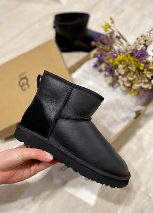 Женские чёрные угги ugg classic mini black leather6 фото