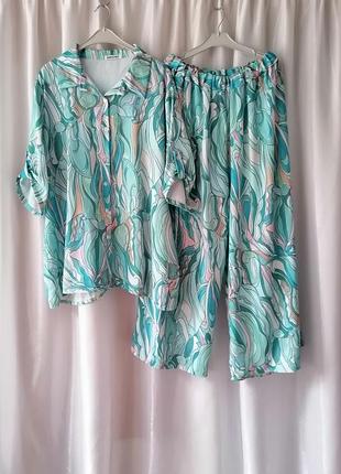 Літній костюм костюм літо з легкої тканини, що струмує, спідниця-брюки палаццо і сорочка з коротким