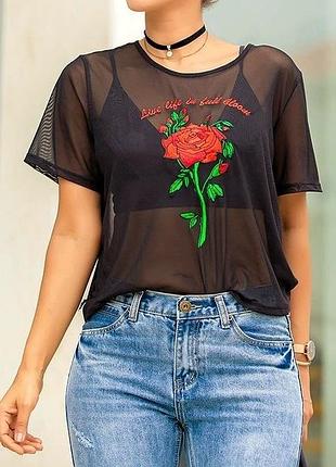 Топ прозорий в сітку з трояндою h&m hm   майка в сіточку з вишивкою