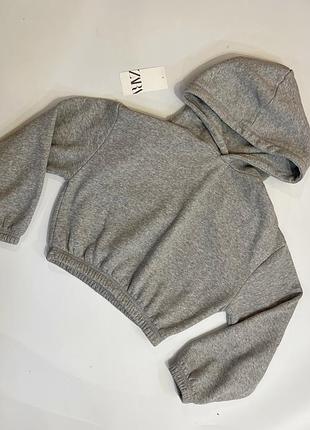 Худі сіре вкорочене zara кофта світшот на флісі сіра з капюшоном