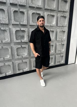 Костюм двойка мужская рубашка короткий рукав и шорты лен жатка черный