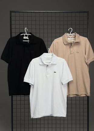 Трендовое поло мужское lacoste original три цвета черный белый бежевый 2