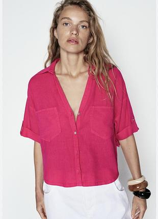Рубашка укороченная оверсайз лен zara, размер л (арт пр)