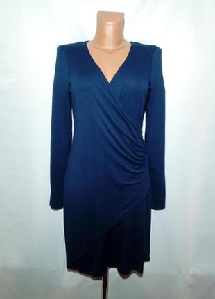 Платье трикотаж темно-синего цвета, имитация на запах, размер l, xl.