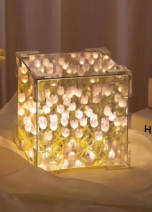 Нічник-світильник (10 см) "нескінченні тюльпани" в кубі