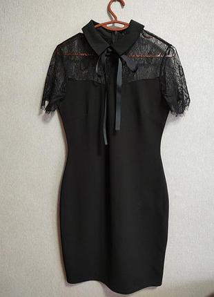 Черное короткое платье с кружевом 38р