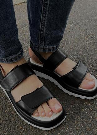 Женские черные кожаные босоножки на липучках из натуральной кожи vm-110-24ch