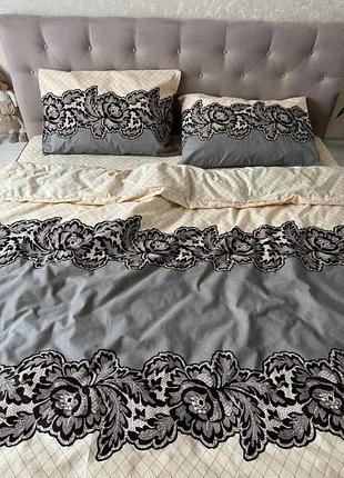 Комплект постельного белья, набор серо-бежевый "вино", 100% хлопок.