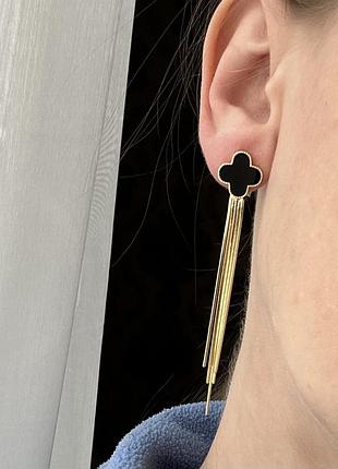 Серьги клипсы ванклиф длинные, кліпси клевер, вісюльки, сережки кліпси, клевер, ван кліф, новинка під золото, довгі кліпси конюшина, топ