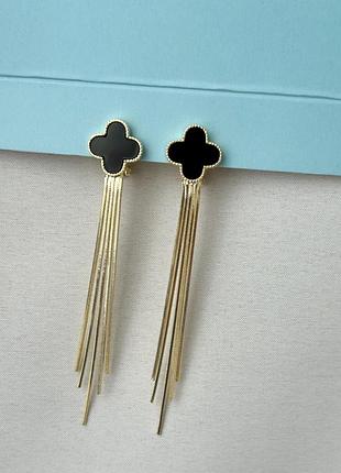 Серьги клипсы ванклиф длинные, кліпси клевер, вісюльки, сережки кліпси, клевер, ван кліф, новинка під золото, довгі кліпси конюшина, топ