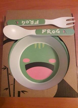 Набор посуды детской из бамбука из 3 предметов / бамбук / тарелка, вилка, ложка