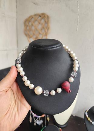 Бусы колье гранат ручная работа жемчужины