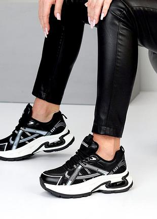 Современные женские кроссы черно-белые, еко кожа вставка текстильной сетки, маломерят, весенние летн