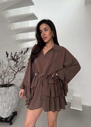Женское нежное романтичное шифоновое шоколадное короткое платье мини коричневое