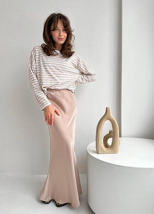 Юбка макси однотонная атласная на высокой посадке на резинке качественная, стильная трендовая бежевая