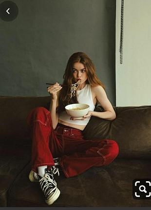 Красные джинсы высокой посадки кюлоты широкие