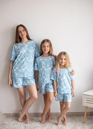 Легкая пижама хлопковая для женщин голубая со звездами,домащий комплект шорты и футболка