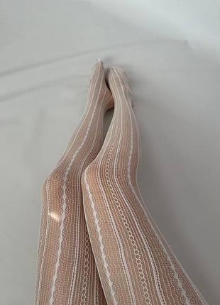 Колготы в сеточку белые женские сердечки цветы линий полоски с принтом