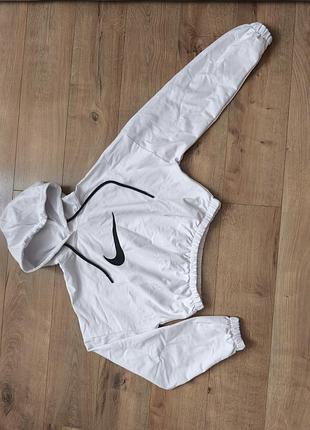 Спортивная кофта худи белая короткая на резинке с капюшоном nike с-м