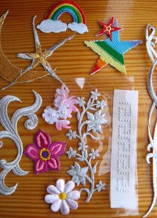 Термо наклейки на текстиль цветы, узоры серебристые, стразы, завитки, нашивки, набор 10 шт