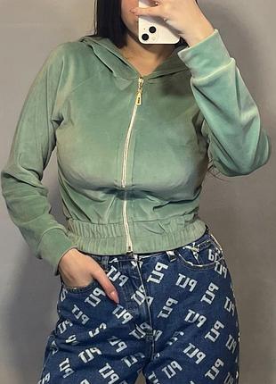 Велюровая зепка укороченная зеп худи кофта фисташковый с замочком на молнии молнии