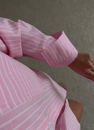 Рожева сорочка льон, вільного крою в смужку, рубашка в полоску льняная5 фото
