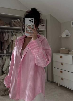 Рожева сорочка льон, вільного крою в смужку, рубашка в полоску льняная6 фото