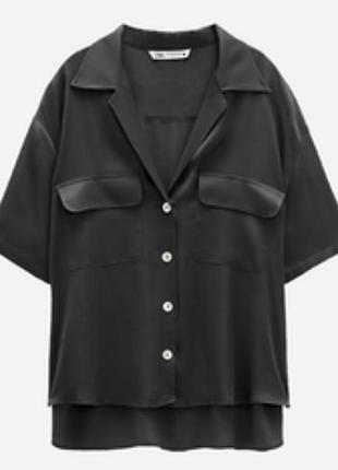 Сатиновая рубашка на коротком рукаве графит темно-серого цвета zara