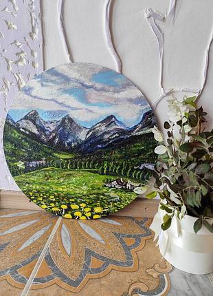 Картина кругла пейжаз карпати хатинка акрил