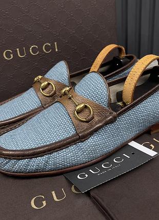 Gucci 1953 horsebit loafers blue raffia brown чоловічі туфлі лофери оригінал 45 eur