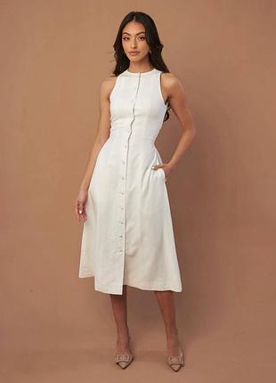 Платье с пуговицами лен белое шоколад