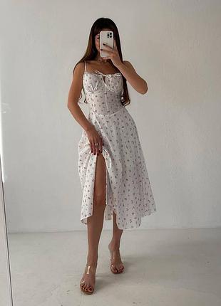 Літня жіноча корсетна сукня міді в квітковий принт